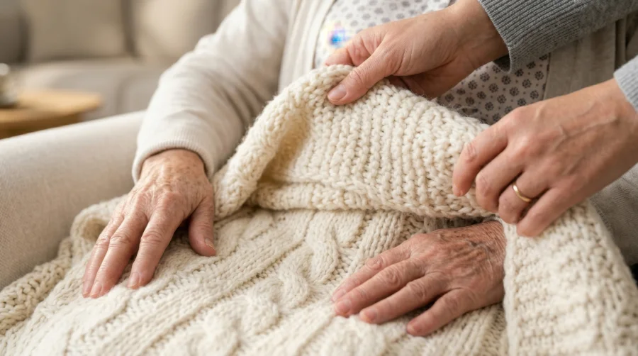 Elderly person resting under a knitted blanket while being comforted by family hands.